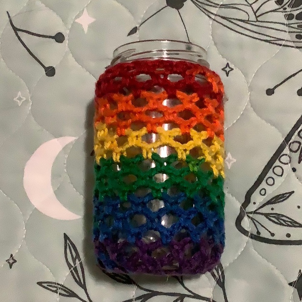 Rainbow crochet covered jar
